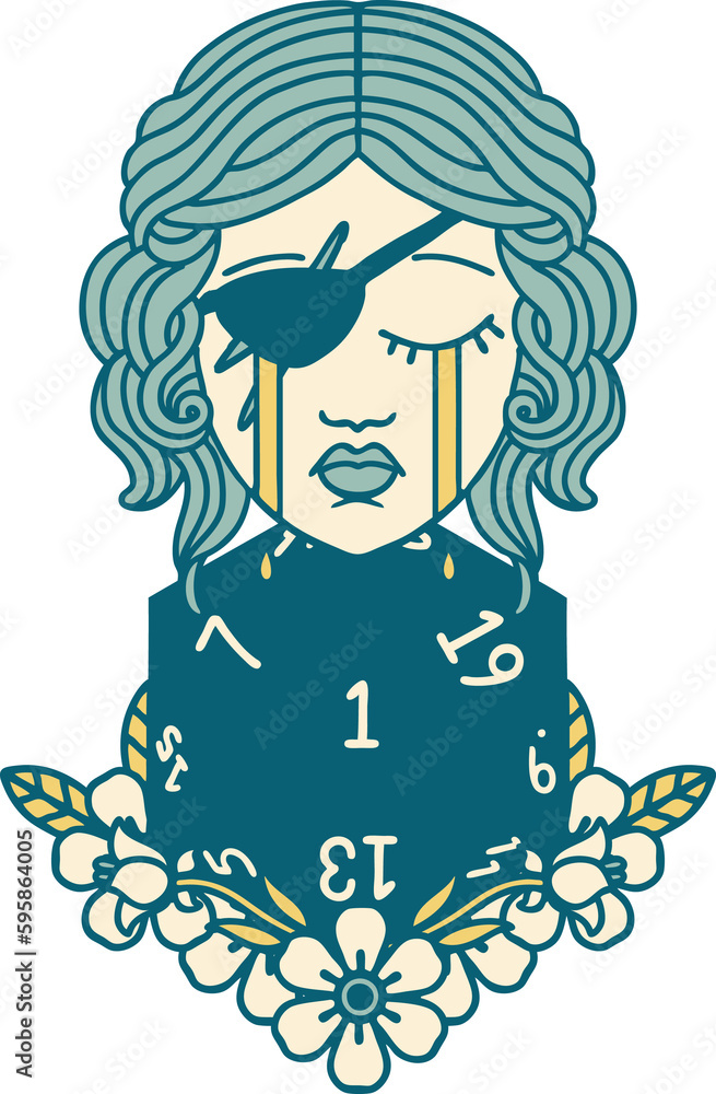 Retro Tattoo Style crying human rogue with natural one d20 roll Retro Tattoo Style crying human rogue with natural one d20 roll