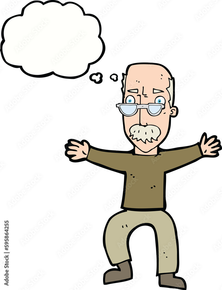 cartoon old man waving arms with thought bubble