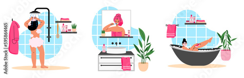 Young woman showering,  brushing her teeth and taking bath in the bathroom. Hygiene daily routine. Flat vector illustrations.