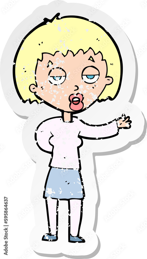 retro distressed sticker of a cartoon bored woman retro distressed sticker of a cartoon bored woman