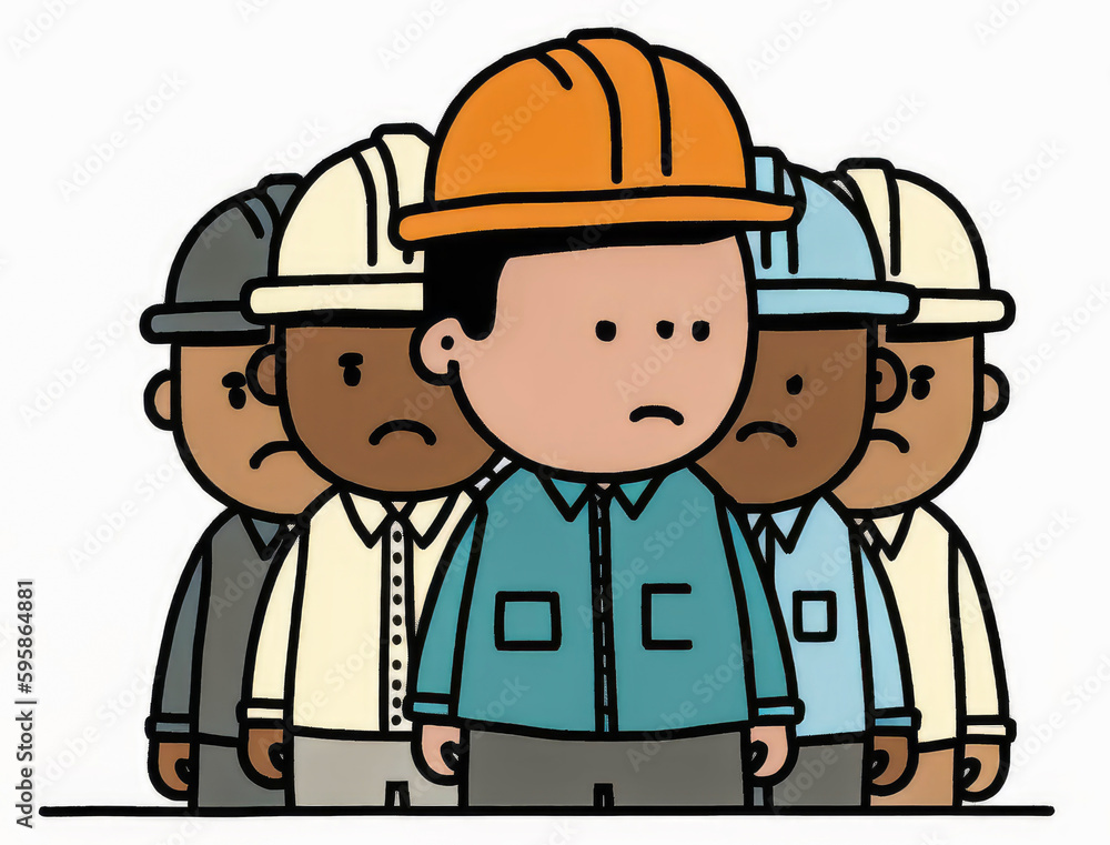 A team leader wearing hard hat and overalls stands before a group of co-workers; the image represents safety and professionalism for manual jobs. Generative AI A team leader wearing hard hat and overalls stands before a group of co-workers; the image represents safety and professionalism for manual jobs. Generative AI