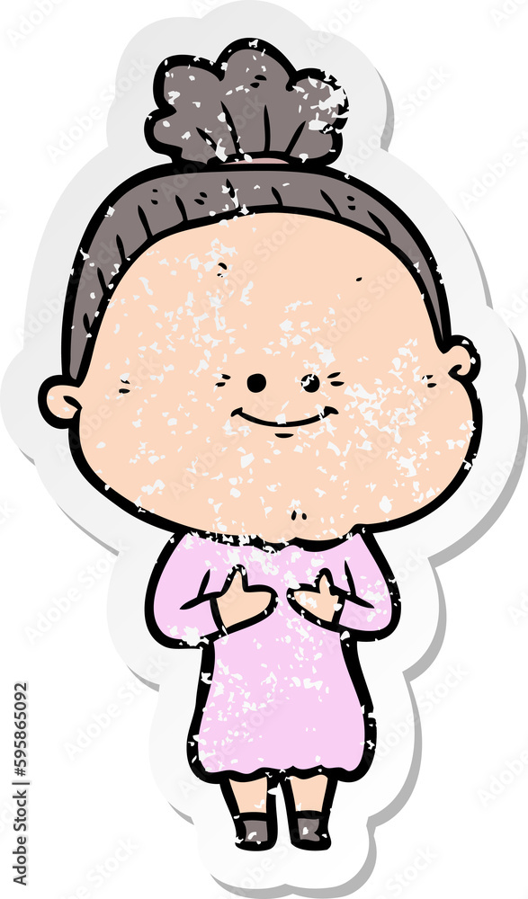 distressed sticker of a cartoon happy old woman distressed sticker of a cartoon happy old woman
