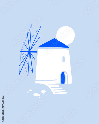 Traditional white windmill with a blue roof. Mediterranean landscape. Santorini island, Greece. Design element for souvenir products. Vector illustration isolated.