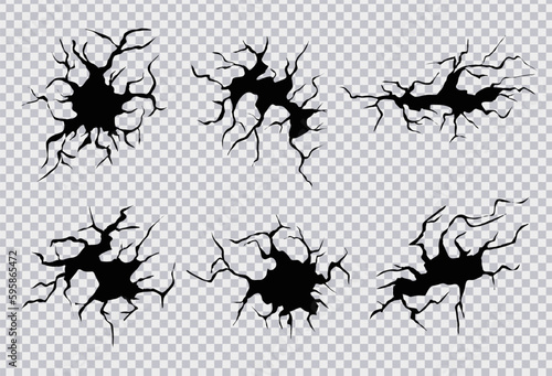 Cracks in ground. Cracks, splits and holes in ground. Vector realistic set of fissure in ground, crevices from disaster or drought, black fractures