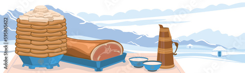 Traditional dishes for the celebration of the Mongolian New Year - Tsagaan Sar. Pies and cottage cheese. Roasted sheep's groats and milk tea against the backdrop of a winter landscape. Vector.