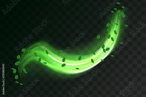 Abstract wind swirls with green leaves and sparkles isolated. Vector realistic set of magic air vortex, light twirls with particles. Design element of fresh and clean
