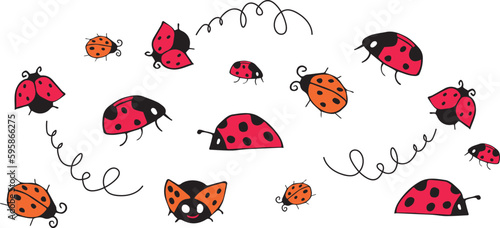Cartoon cute Ladybugs vector illustration. Cartoon ladybirds flying, Summer insect digitall illustration. Doodle bugs illustration.