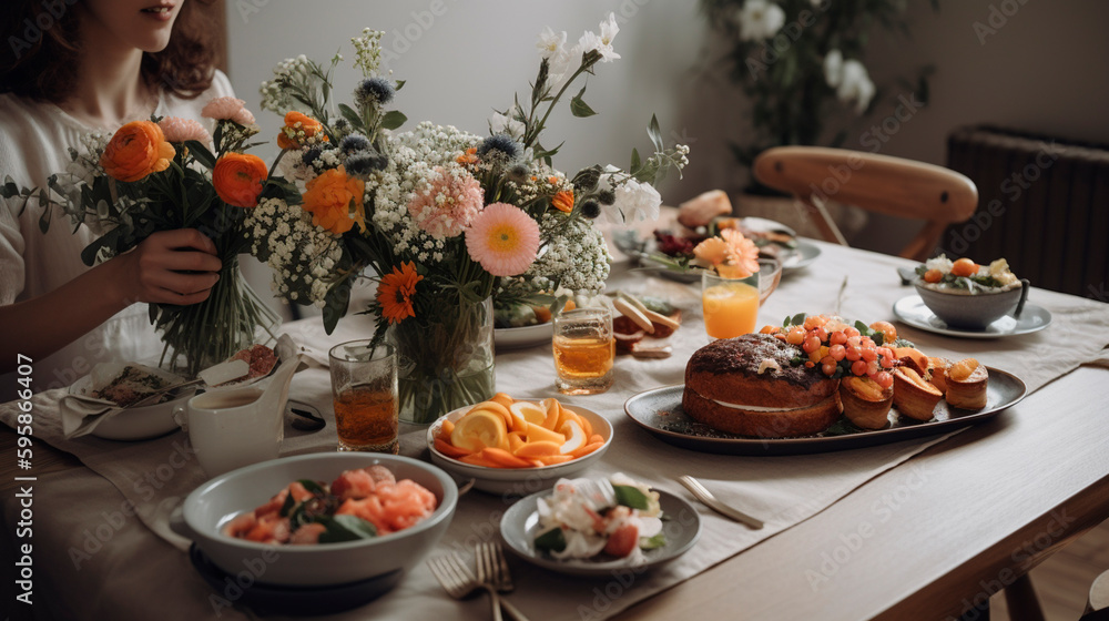 Naklejka premium Brunch table with flowers and woman in the background soft focus. Generative AI,