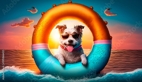 Happy smiling dog in sunglasses, with a cocktail on an inflated swimming ring, on the sea. Generative AI, © yanadjan