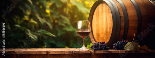 Glass of wine, winery concept background in garden vineyards soft focus. Generative AI, © yanadjan