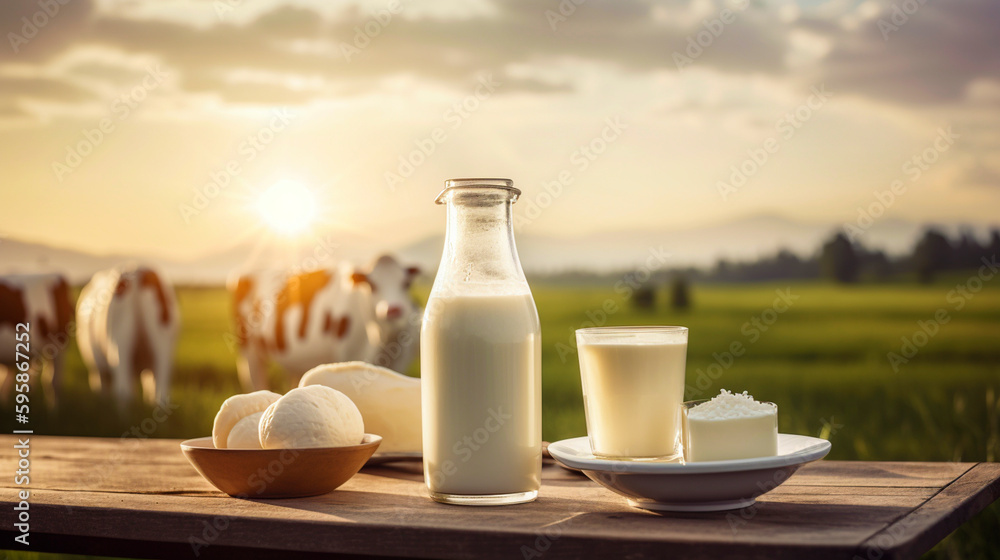a bottle of milk, a glass of milk and a plate of cheese on a table in front of a field of cows. Generative AI, - obrazy, fototapety, plakaty 