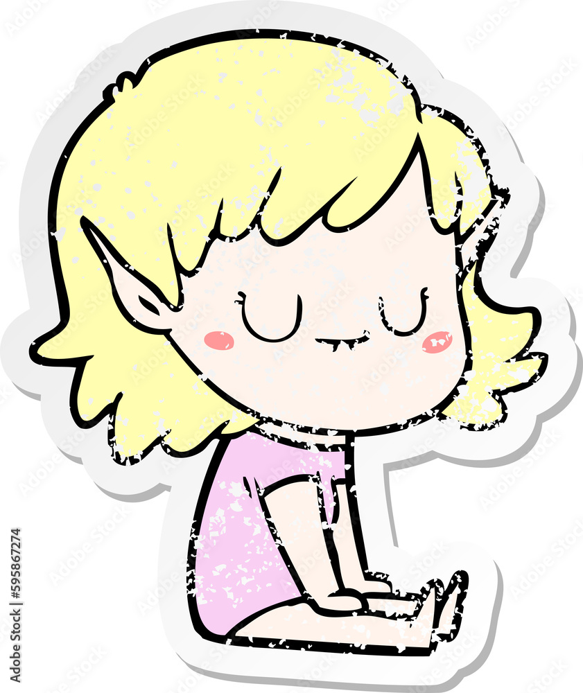distressed sticker of a happy cartoon elf girl distressed sticker of a happy cartoon elf girl