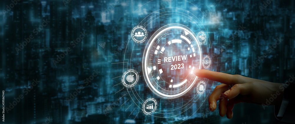 Obraz premium 2023 Annual review, business and customer review. Review evaluation time for review inspection assessment auditing. Learning, improvement, planning and development. End of year business concept.