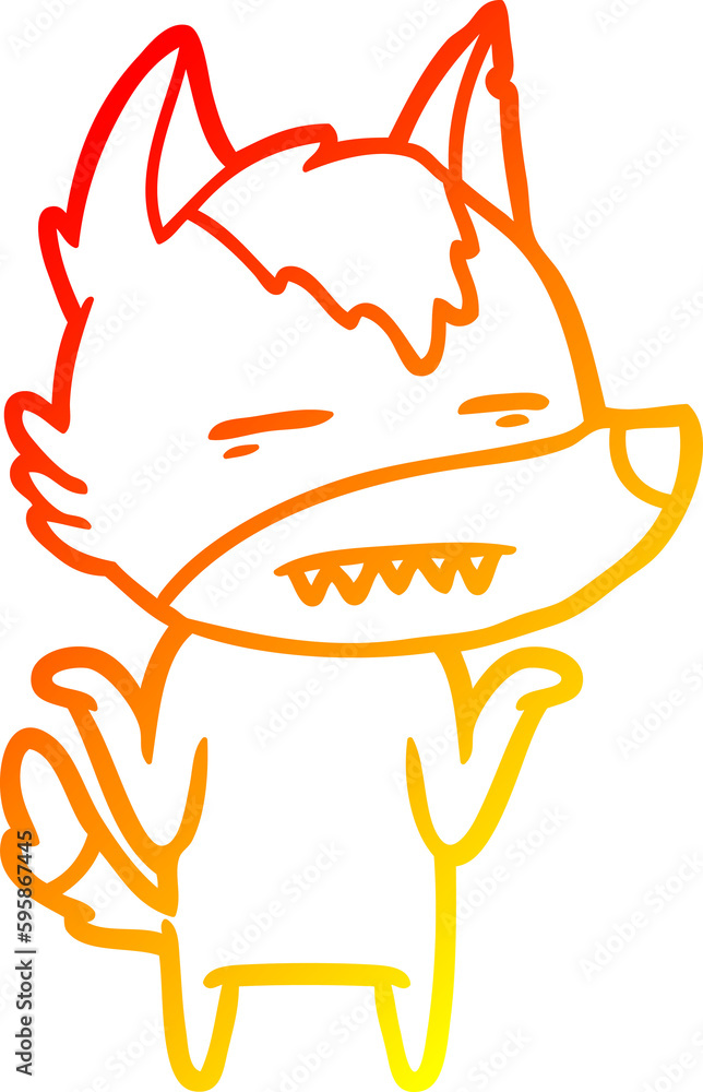 Fototapeta premium warm gradient line drawing of a cartoon wolf showing teeth