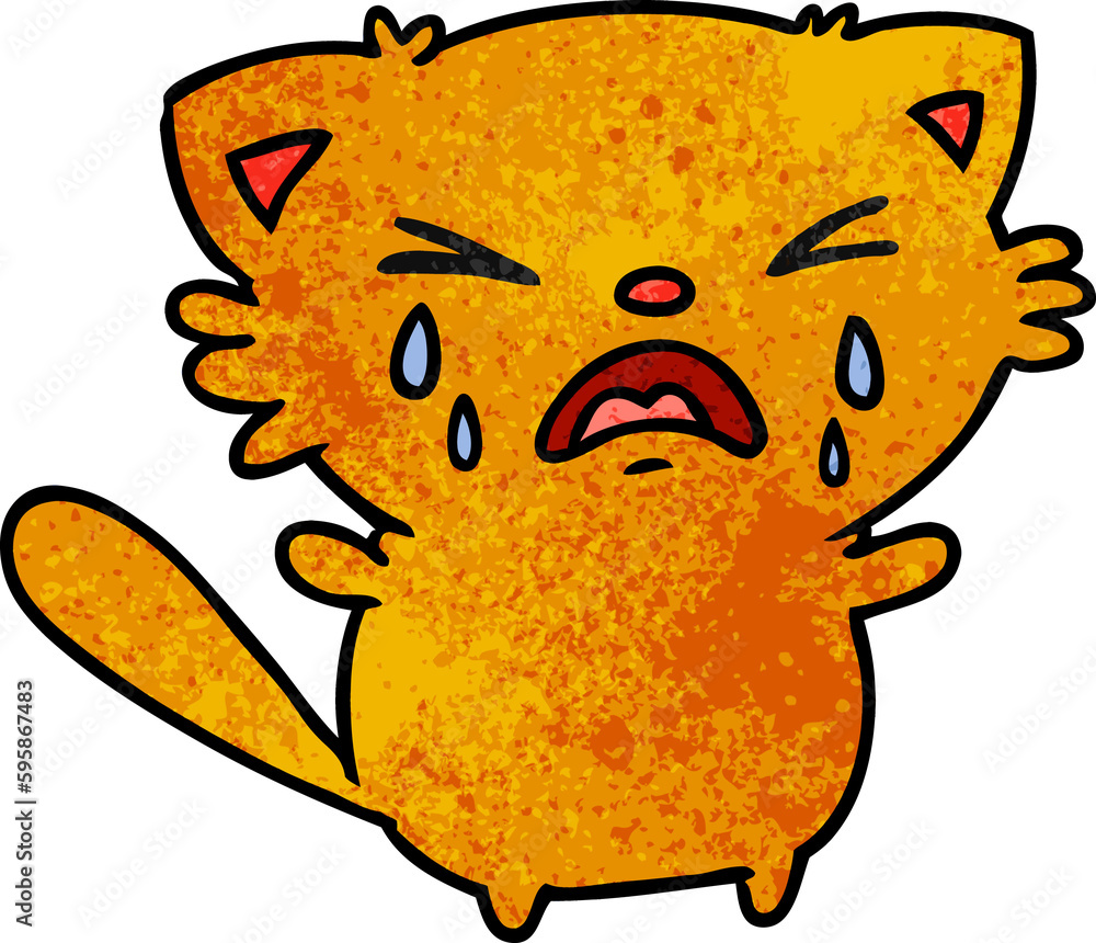 freehand drawn textured cartoon of cute kawaii crying cat freehand drawn textured cartoon of cute kawaii crying cat