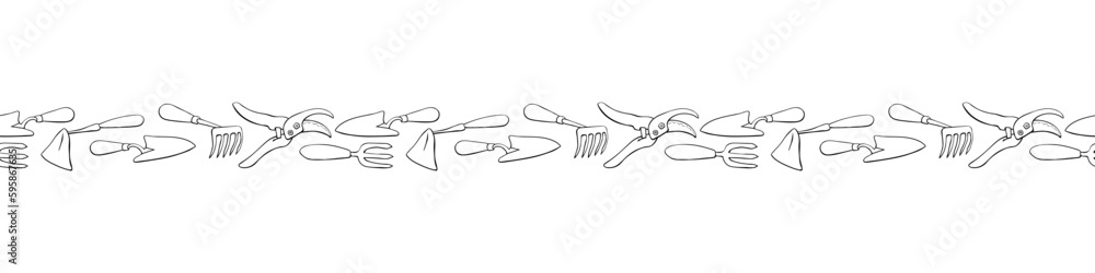 Edging, ribbon, border of outline garden tools: hoes, fork, pruner, pruning shears. Equipments for working. Vector color seamless pattern, divider, ornament on topic of gardening, farming, agriculture Edging, ribbon, border of outline garden tools: hoes, fork, pruner, pruning shears. Equipments for working. Vector color seamless pattern, divider, ornament on topic of gardening, farming, agriculture