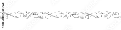 Edging, ribbon, border of outline garden tools: hoes, fork, pruner, pruning shears. Equipments for working. Vector color seamless pattern, divider, ornament on topic of gardening, farming, agriculture