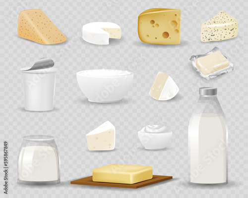 Dairy products isolated on realistic style vector illustration. Different natural milk drinks and food, 3d packaging with blank label, yogurt, butter and cheese