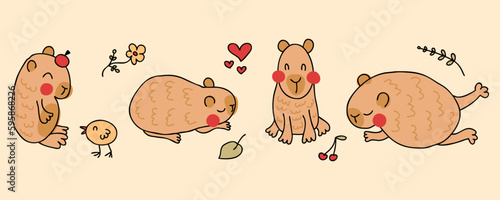 Hand drawn mug print with cute capybaras. Doodle vector illustration for decor and design.