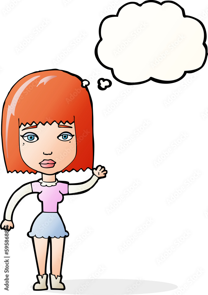 cartoon waving woman with thought bubble cartoon waving woman with thought bubble