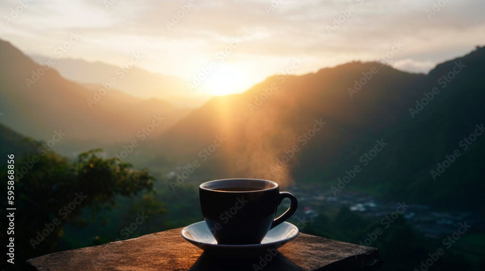 Cup of coffee on the background of nature. Generative AI, Cup of coffee on the background of nature. Generative AI,