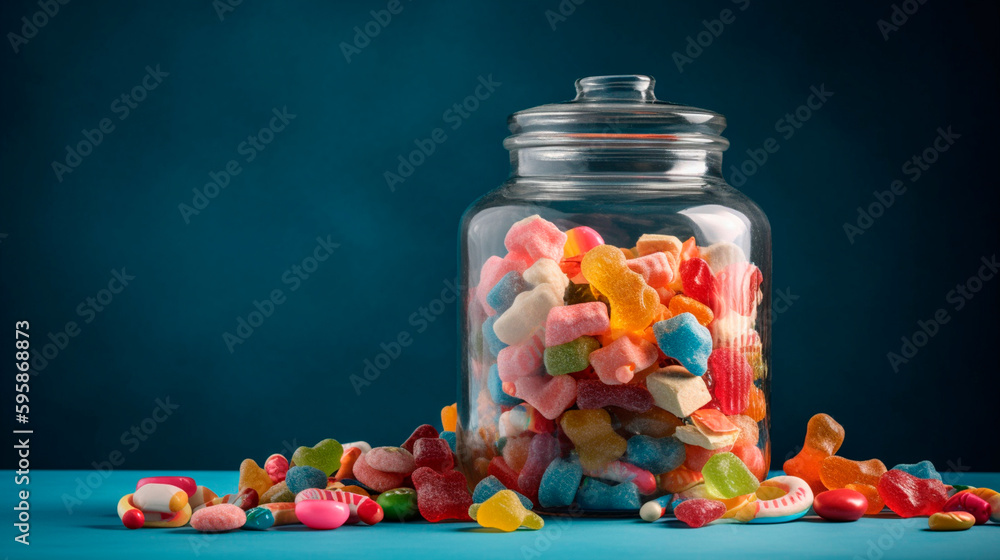 Numerous candies of various shades and shapes overflowing a glass jar. Generative AI,