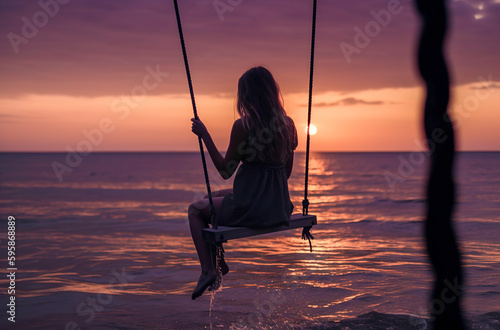 Nature's Beauty and Feminine Grace: Attractive Lady Swinging on the Beach at Dusk, ai generative