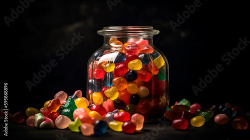 Numerous candies of various shades and shapes overflowing a glass jar. Generative AI,