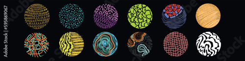 Set of round abstract colorful backgrounds or patterns. Drawn doodle shapes. Spots, drops, curves, lines. Modern modern fashion vector illustration. Posters, icon templates for social networks
