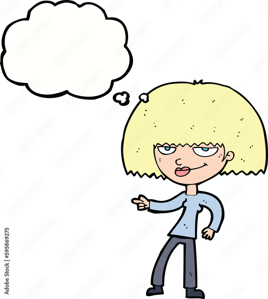 cartoon happy woman pointing with thought bubble cartoon happy woman pointing with thought bubble