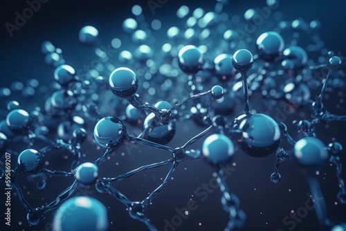 Blue hydrogen molecule background with liquid H2 atoms for scientific presentations and design. 3D image. Generative AI