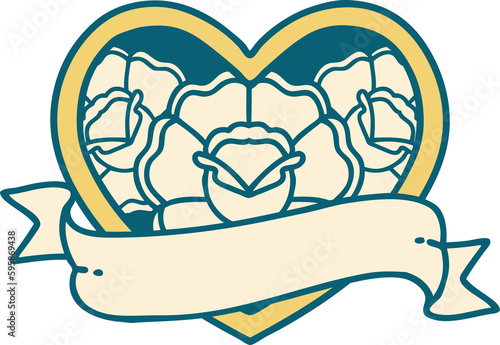 iconic tattoo style image of a heart and banner with flowers