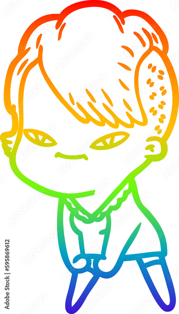 rainbow gradient line drawing of a cute cartoon girl with hipster haircut rainbow gradient line drawing of a cute cartoon girl with hipster haircut