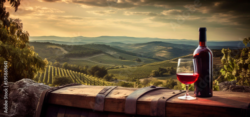 Glass of wine, winery concept background in garden vineyards soft focus. Generative AI,