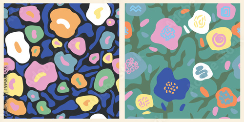 Abstract flower posters set. Trendy botanical wall arts with wild floral plants, leaf in hippie style. Modern naive groovy funky interior decorations, paintings. Colorful flat vector illustrations