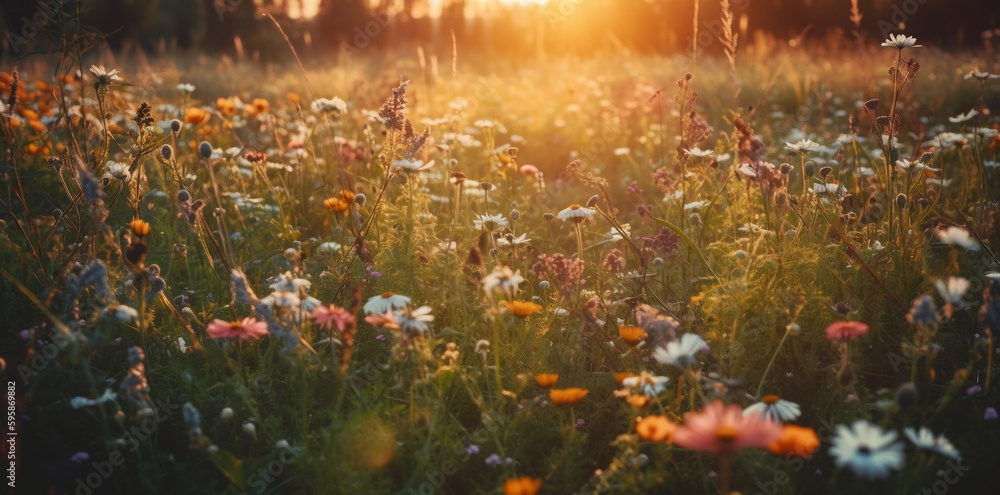 Wildflowers in sunset light. Blooming spring meadow. Field of summer flowers