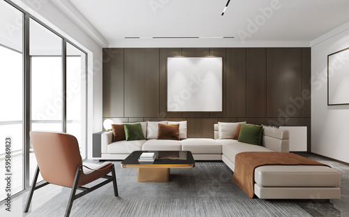 The modern luxury interior of the living room is bright and clean. 3D illustration