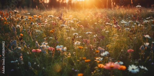 Wildflowers in sunset light. Blooming spring meadow. Field of summer flowers