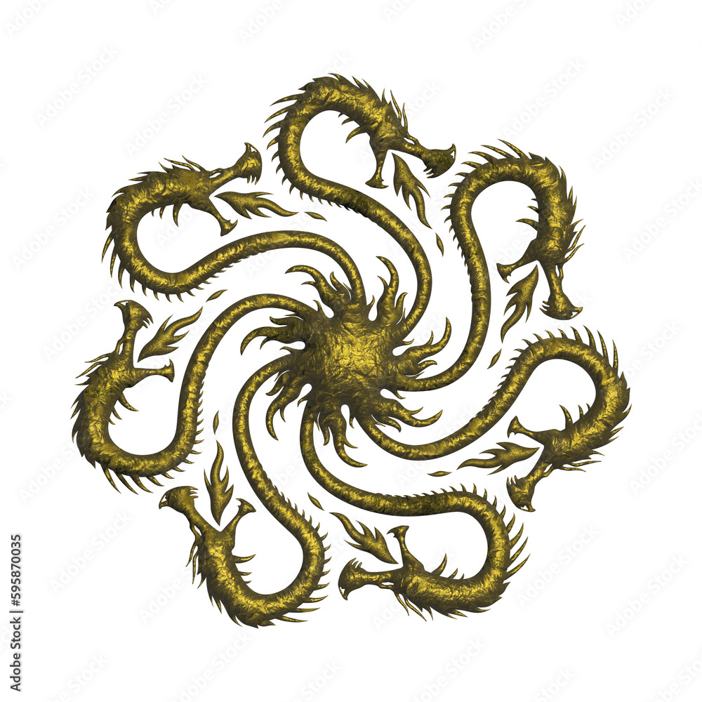Golden Hydra, seven heads creature birth from fire - team or crew logo Golden Hydra, seven heads creature birth from fire - team or crew logo