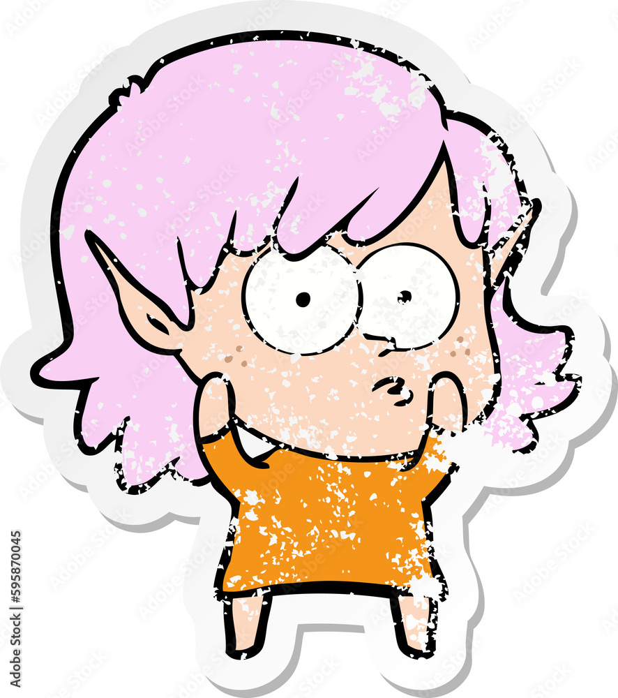 distressed sticker of a cartoon elf girl staring distressed sticker of a cartoon elf girl staring