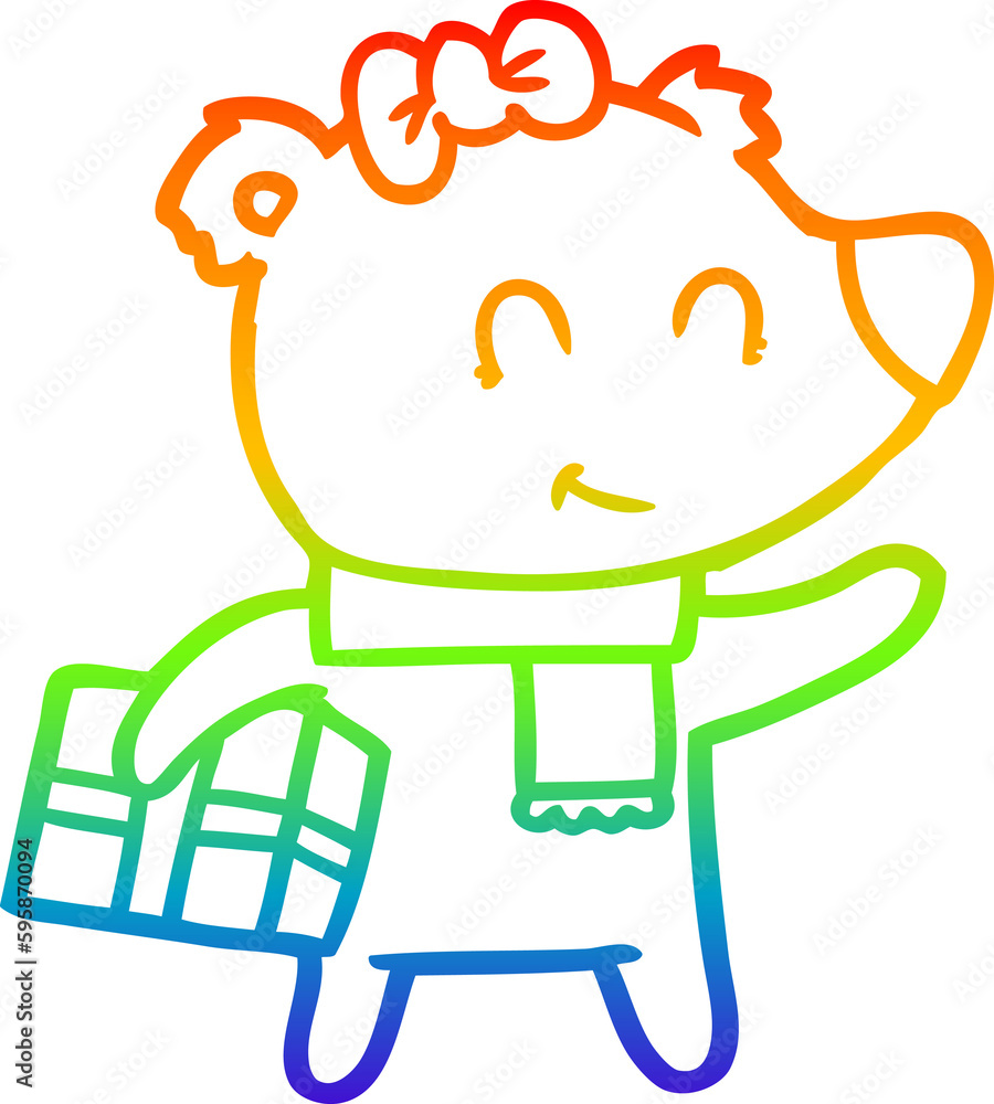 rainbow gradient line drawing of a female polar bear with christmas present rainbow gradient line drawing of a female polar bear with christmas present