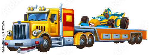 cartoon tow truck driving with load other car illustration artistic painting scene