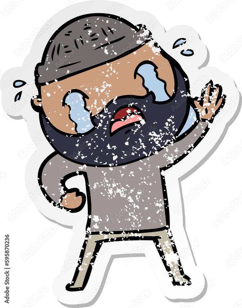 Obraz premium distressed sticker of a cartoon bearded man waving and crying