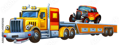 cartoon tow truck driving with load other car illustration artistic painting scene