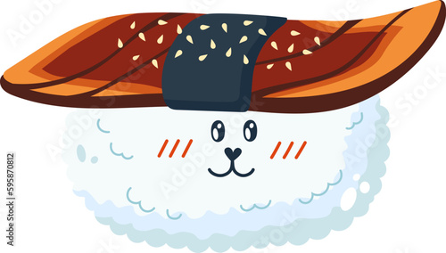Sushi with eel in Kawaii style. Asian food.