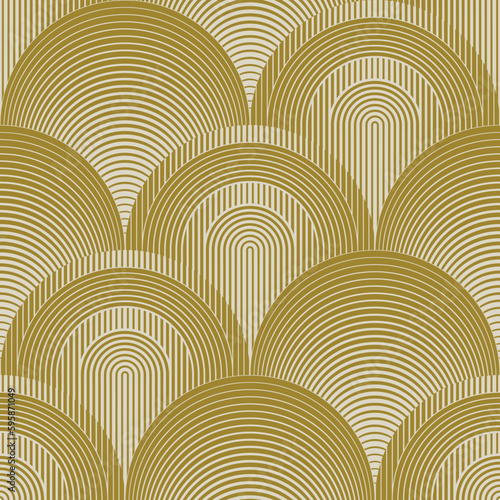 Beige and Olive Green Variegated Striped Art Deco Tile Pattern