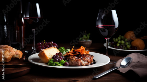 Wine glass and delicious dinner with meat and vegetables on a dark background. Generative AI,