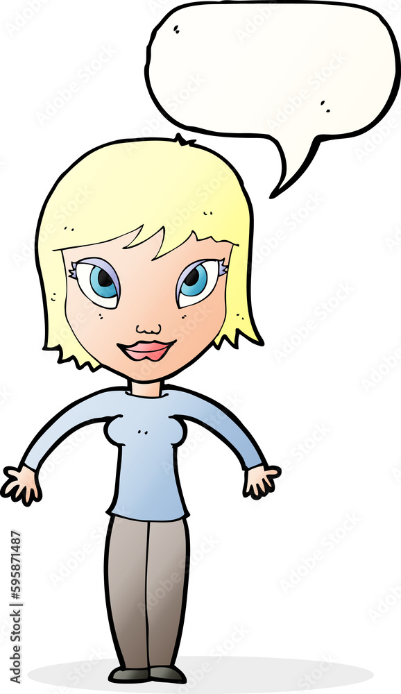 cartoon woman shrugging shoulders with speech bubble cartoon woman shrugging shoulders with speech bubble