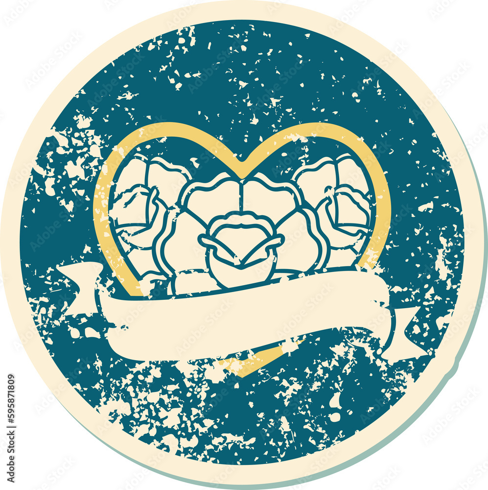 iconic distressed sticker tattoo style image of a heart and banner with flowers iconic distressed sticker tattoo style image of a heart and banner with flowers