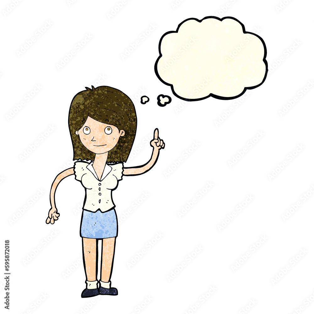 cartoon woman with idea with thought bubble cartoon woman with idea with thought bubble